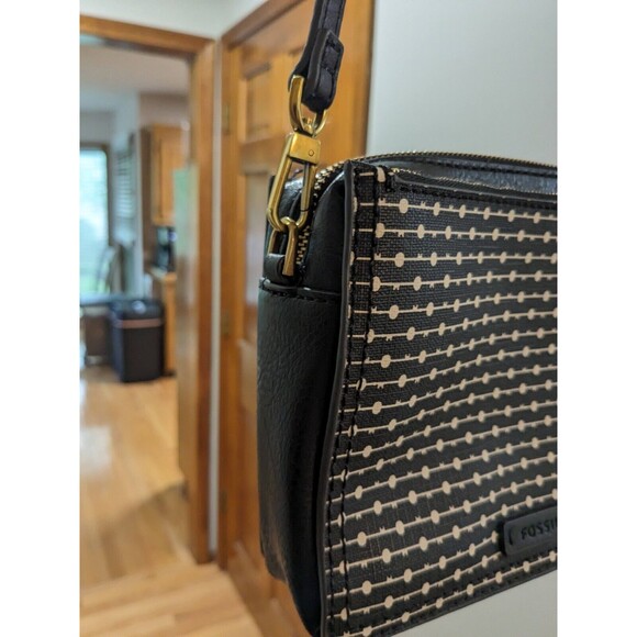 FOSSIL Campbell Crossbody Black Stripe Purse Adjustable Strap - Picture 3 of 12